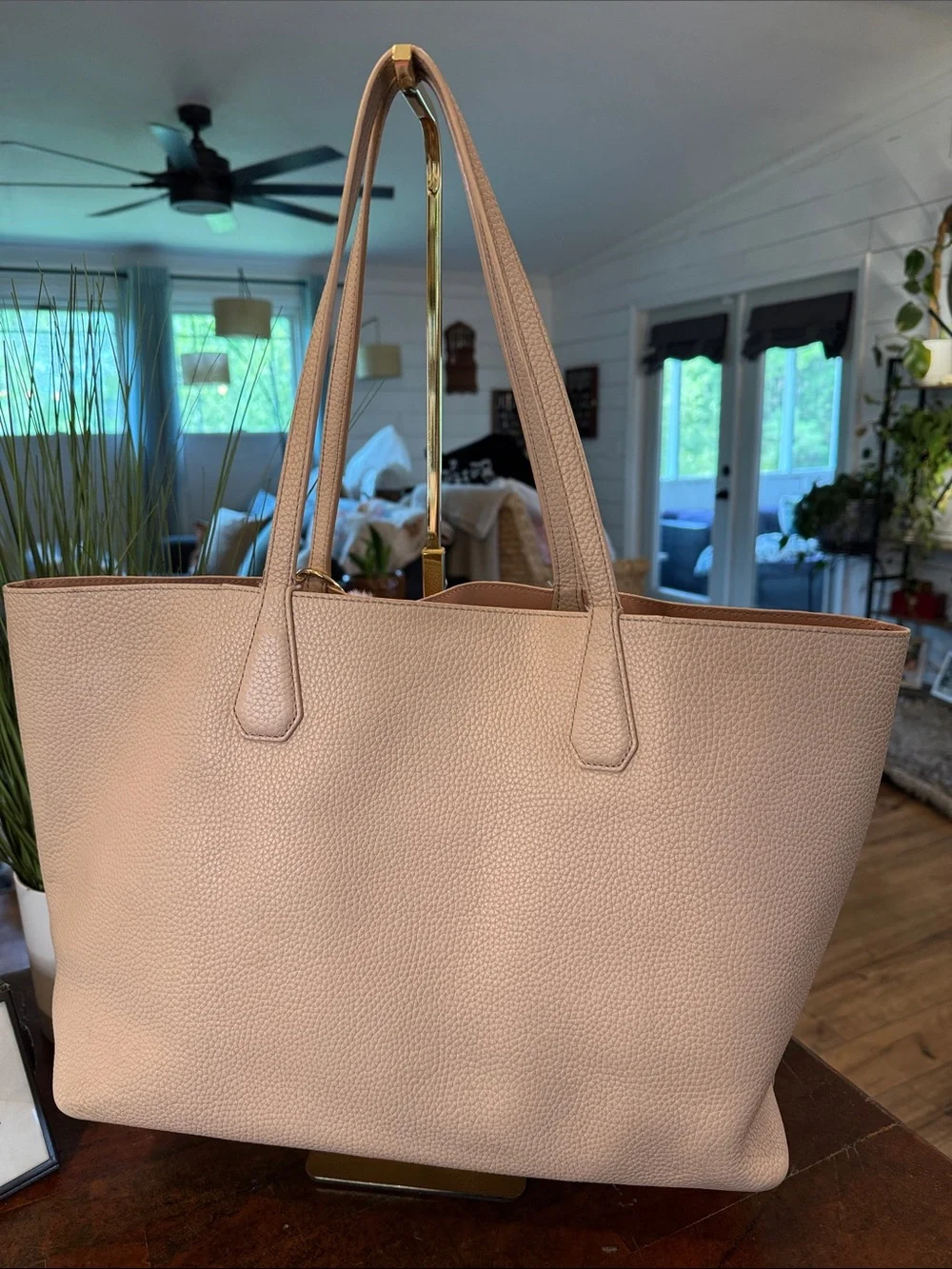 Tory Burch Pebbled Leather Tote with Pink Fur Charm